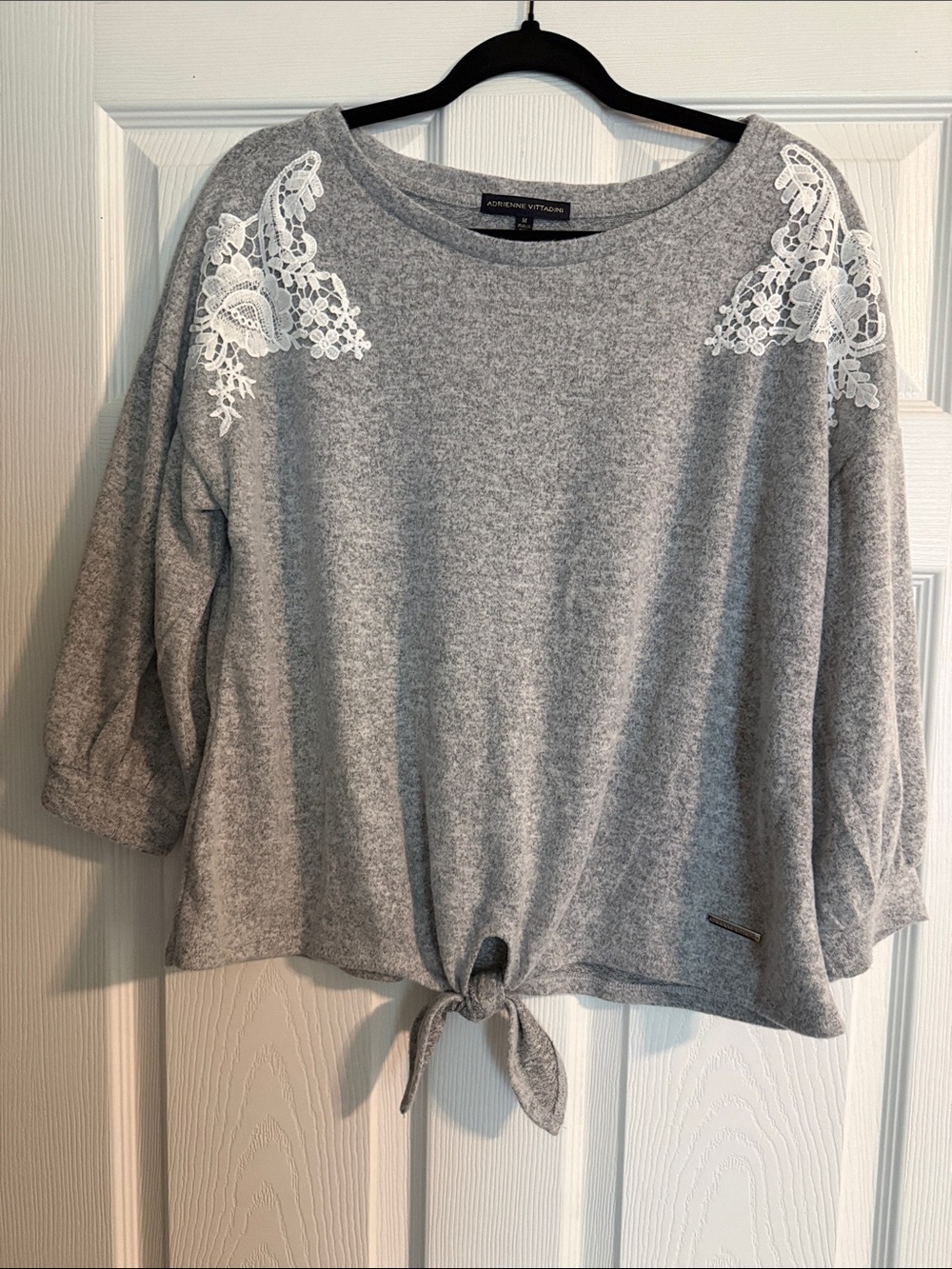 Adrienne Vittadini Gray Knit Tie-Front Sweatshirt with White Lace Shoulders